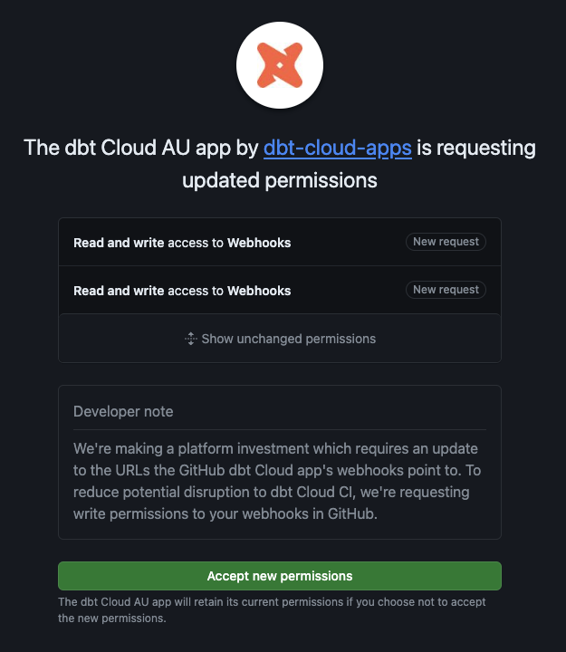 Grant access to the dbt app by accepting the new permissions. Grant access to the dbt app by accepting the new permissions.